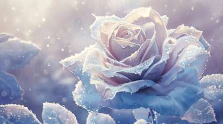 Blue rose with water droplets on a frosty background. Concept of beauty in nature, floral macro, ice effect, winter elegance. Copy space. Abstract backdrop.の写真素材