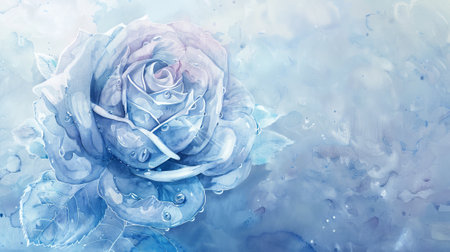 Blue rose with water droplets on a frosty background. Concept of beauty in nature, floral macro, ice effect, winter elegance. Copy space. Abstract backdrop.の写真素材
