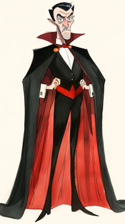 Stylized cartoon vampire in a black and red cape isolated on white background. Concept of Halloween, Dracula, spooky, illustration, Halloween. Vertical.の写真素材