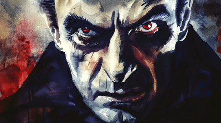 Watercolor illustration of a male vampire with intense expression and red accents. Concept of horror, gothic art, dark fantasy, character design.の写真素材