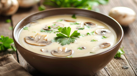 Creamy mushroom soup in a brown bowl on a rustic wooden table. Concept of comfort food, homemade cooking, vegetarian diet, cozy meals.の写真素材