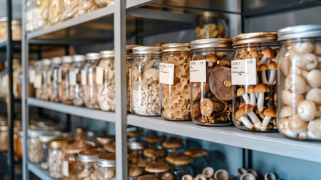 Various jarred mushrooms on shelf in kitchen. Concept of preserved food, culinary ingredients, edibles, pantry storage.の写真素材
