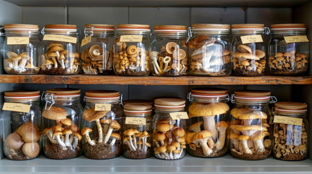 Various jarred mushrooms on shelf in kitchen. Concept of preserved food, culinary ingredients, edibles, pantry storage.の写真素材