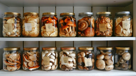 Various jarred mushrooms on shelf in kitchen. Concept of preserved food, culinary ingredients, edibles, pantry storage.の写真素材
