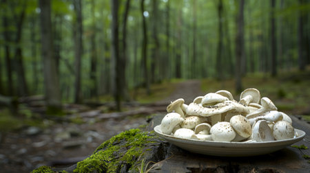 White mushrooms in a bowl in a forest. Concept of fresh vegetables, nature, organic food, outdoors. Copy space.の写真素材