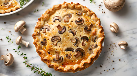 Delicious mushroom quiche on a marble countertop. Concepts of savory pie, home-baked pastry,...