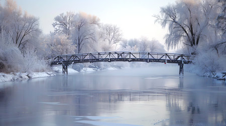 Wooden bridge covered in fresh snow spanning a frozen river with snow-laden trees in the background....