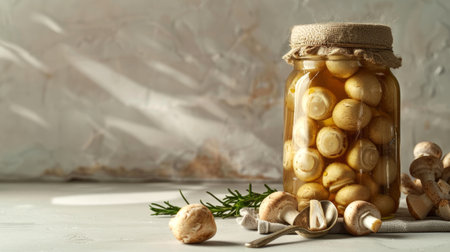 Freshly picked mushrooms preserved in a glass jar on a rustic table. Concept of organic food, homemade preserves, culinary ingredients. Copy space.の写真素材