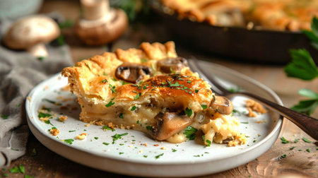 Slice of mushroom pie with parsley on a white plate. Concept of savory pastry, vegetarian food, bakery, culinary art.の写真素材