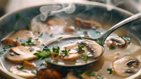 Creamy mushroom soup in a black bowl with steam rising. Concept of hot meal, comforting food, gourmet dish, healthy eating.の写真素材