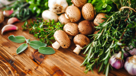 Fresh mushrooms on rustic wooden table with herbs and garlic. Concept of culinary ingredients,...