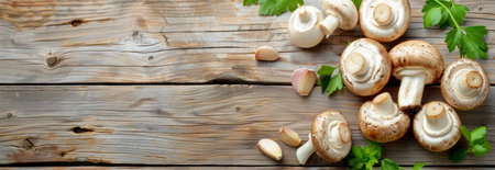 Fresh brown mushrooms and garlic on a rustic wooden table. Concept of healthy eating, organic food,...