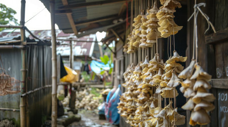 Mushrooms hanging to dry naturally in an outdoor setting. Concept of traditional food preservation, organic ingredients, and rustic culinary methods.の写真素材
