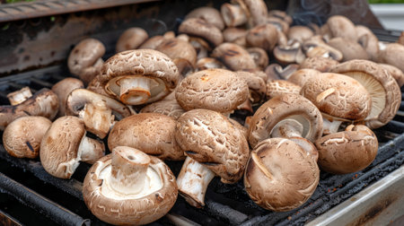 Fresh mushrooms being grilled on barbecue. Concept of cooking, mushroom dishes, outdoor cooking,...