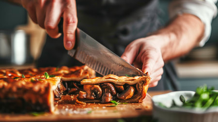 Caucasian male chef slicing a savory mushroom pie in a kitchen. Concept of cooking, baking, culinary arts, gourmet cuisine.の写真素材