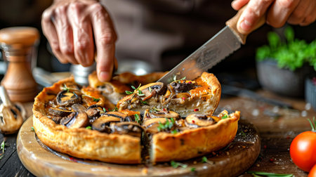 Caucasian male chef slicing a savory mushroom pie in a kitchen. Concept of cooking, baking, culinary arts, gourmet cuisine.の写真素材