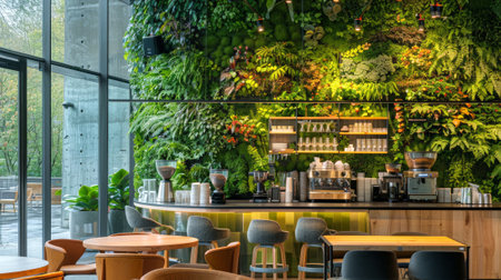 Cozy modern cafe with lush indoor vertical garden and seating area. Concept of urban greenery, eco-friendly design, indoor plants, relaxation space.の写真素材