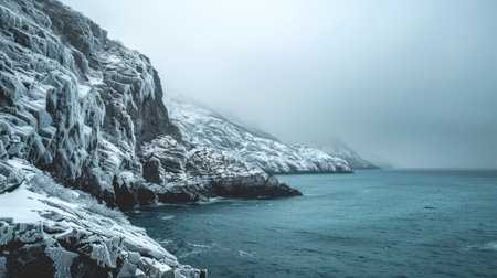 Snowy coastal cliffs with icy formations along a foggy seascape. Concept of winter landscape, nature, cold weather, seashore tranquility.の写真素材