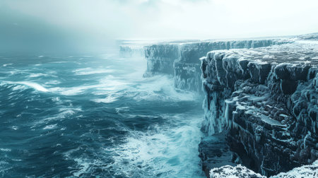 Snowy coastal cliffs with icy formations along a foggy seascape. Concept of winter landscape, nature, cold weather, seashore tranquility.の写真素材