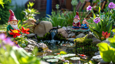 Close-up of garden gnome among vibrant flowers and rocks by a pond. Concept of garden decor, outdoor art, colorful nature, whimsical landscape.の写真素材