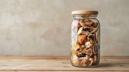 Jar of colorful mushrooms on a sunny windowsill. Concept of pickled mushrooms, preserving food, organic produce, home canning. Copy space.の写真素材
