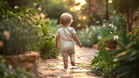 Caucasian toddler walking on a garden pathway during sunset. Concept of child outdoors, nature exploration, toddler adventure, childhood innocence.の写真素材