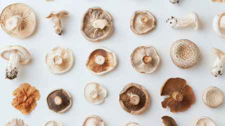 Various wild mushrooms on a white background. Concept of foraging, fungi, nature exploration, food ingredient.の写真素材
