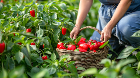 Caucasian female gardener picking bell peppers in a field at sunrise. Concept of vegetable harvest, agriculture, farming, fresh produce.の写真素材