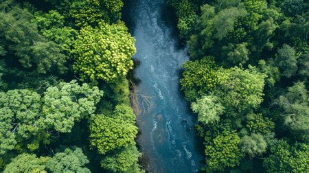 Aerial view of a river flowing through dense green forest. Concept of natural landscape, wilderness, greenery, waterway.の写真素材