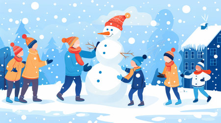 Group of children building a snowman in a snowy landscape. Concept of winter fun, outdoor activities, teamwork, and holiday season.の写真素材