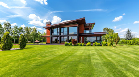 Modern suburban house with large windows and a green lawn. Concept of contemporary architecture, residential home, outdoor living, villa, and landscape design. Modern exterior of the mansion.の写真素材