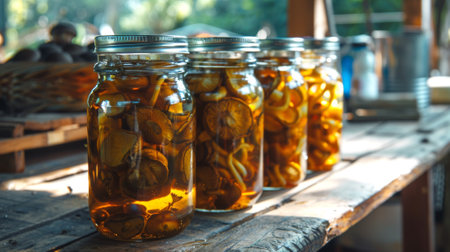 Pickled mushrooms in glass jars with lids on a rustic wooden table. Concept of preservation, homemade, farm-to-table, food storage.の写真素材