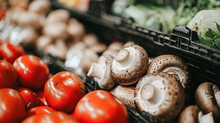 Vegetables and mushrooms on a market shelf. Concept of healthy food, fresh produce, grocery shopping, organic vegetables.の写真素材