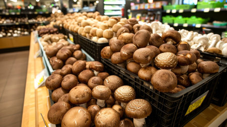 Fresh mushrooms on display in a grocery store. Concept of organic produce, healthy eating, food shopping, supermarket vegetables.の写真素材