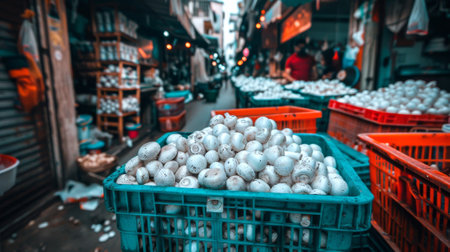 Urban street market with baskets of fresh white mushrooms. Concept of local food markets, fresh produce, outdoor shopping, busy streets, Champignon.の写真素材