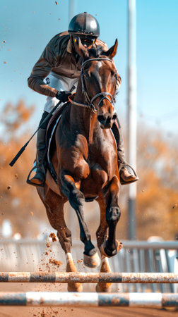 African American Male equestrian jumping over a hurdle with a brown horse. Concept of horse riding, equestrian sport, horseback riding, competition. Vertical.の写真素材