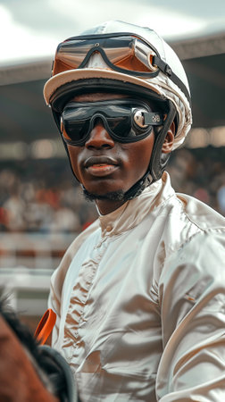African American male equestrian riding a horse with a black jacket and helmet. Concept of man...