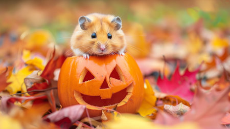 Cute hamster inside a carved pumpkin with autumn leaves. Concept of pet, Halloween, fall season, nature, jack-o-lantern.の写真素材