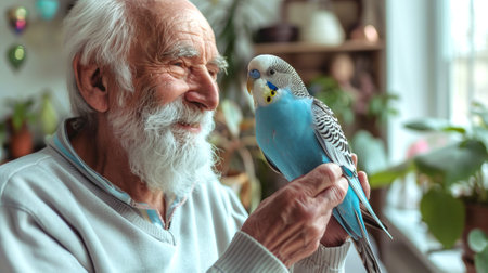 Elderly Caucasian Man with Pet Parakeet in Indoor Garden. Concept of Companionship, Pets, Senior...