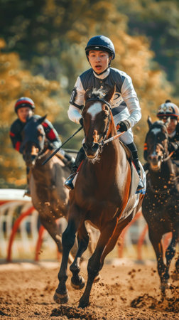 Asian Male jockey riding a racehorse on a dirt racetrack with another rider in the background. Concept of horse racing, equestrian sports, competition, professional jockey. Vertical.の写真素材