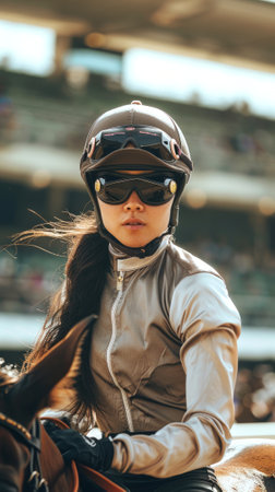 Woman equestrian with helmet in a horse riding arena. Concept of female horse rider, equestrian sport, horseback riding, equestrian training, female jockey. Vertical.の写真素材
