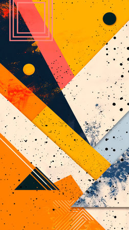 Abstract geometric art in vibrant colors with circles and triangles. Concept of modern design, geometric patterns, abstract shapes, colorful artistry. Copy space. Abstract background. Vertical.の写真素材