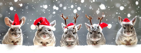 Adorable chinchillas in Santa hats with Christmas ornaments in a winter snow scene. Concept of holiday pets, festive animals, winter celebration.の写真素材