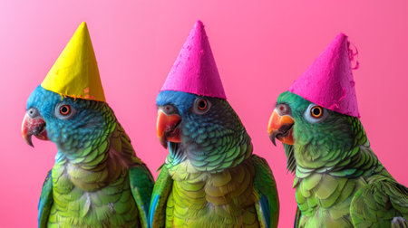 Colorful parrots with party hats on pink background. Concept of celebration, exotic birds, festive...