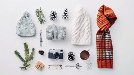 Winter accessories and essentials flat lay with beanie, scarf, camera, and pinecones. Concept of cozy winter, outdoor adventure, photography, holiday preparation.の写真素材