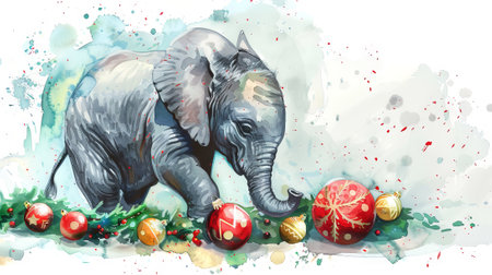 Watercolor illustration of a baby elephant playing with Christmas ornaments. Concept of holiday,...