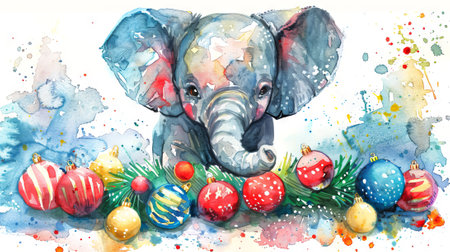 Watercolor illustration of a baby elephant playing with Christmas ornaments. Concept of holiday, festive season, wildlife, celebration. Copy space.の写真素材