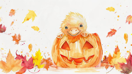 Watercolor painting of a cute duckling inside a carved pumpkin with autumn leaves. Concept of Halloween, fall, adorable animals, seasonal celebration, jack-o-lantern.の写真素材