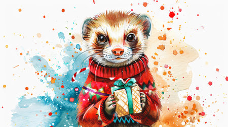 Watercolor painting of a ferret holding a gift box with a colorful scarf. Concept of cute animals, pets, holiday gift, festive celebration, Christmas.の写真素材