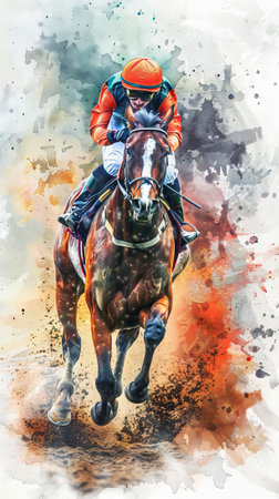 Watercolor art of a racehorse with jockey wearing colorful attire. Concept of horse racing, equestrian sport, speed, competition. Vertical.の写真素材